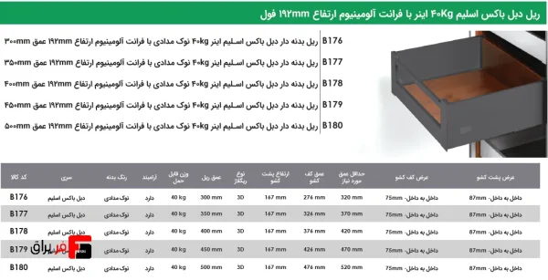 ریل دبل باکس اسلیم اینر با فرانت آلومینیوم ارتفاع 192mm فول - فانتونی B176 تا B180 - Image 2