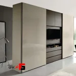 Decorative inline rail door mechanism with two symmetrical electric doors