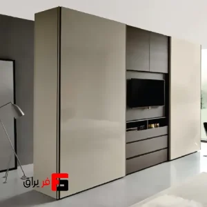 Decorative inline rail door mechanism with two symmetrical electric doors