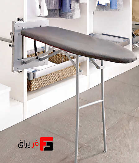 Wall-mounted, rail-mounted ironing table with base attached to the body