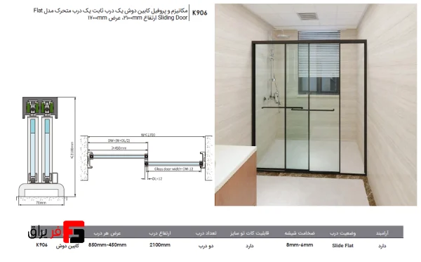 Mechanism and profile of a shower cabin with one fixed door and one movable door, Sliding Door Flat model