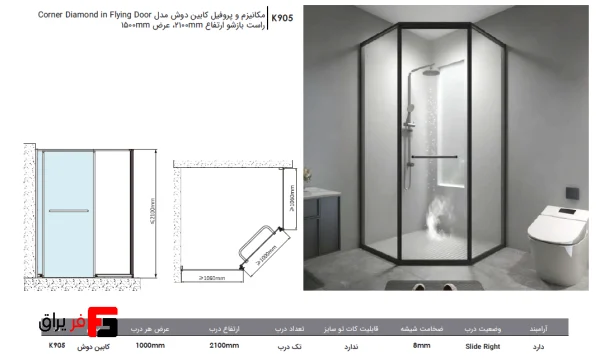 Mechanism and profile of the Corner Diamond in Flying Door shower cabin model, right opening