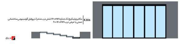 Single-wall linkage mechanism 7200mm, six movable doors, manual construction aluminum profile