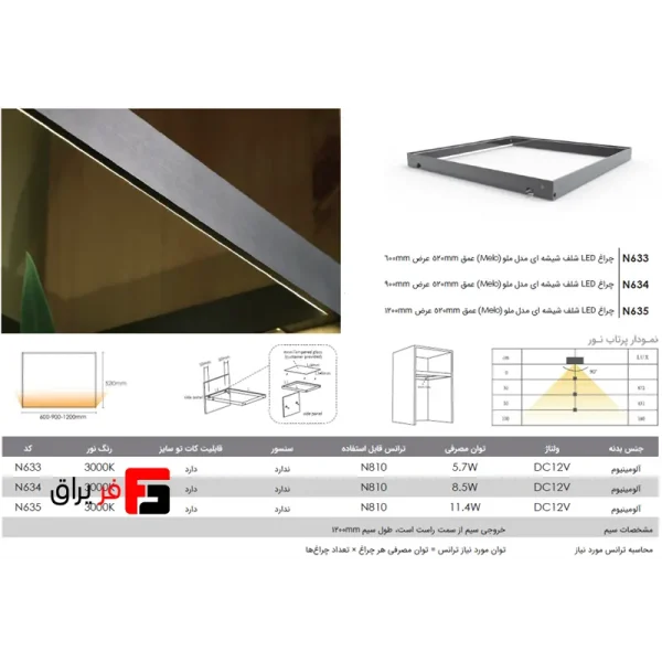 LED glass shelf light, Melo model, depth 520mm