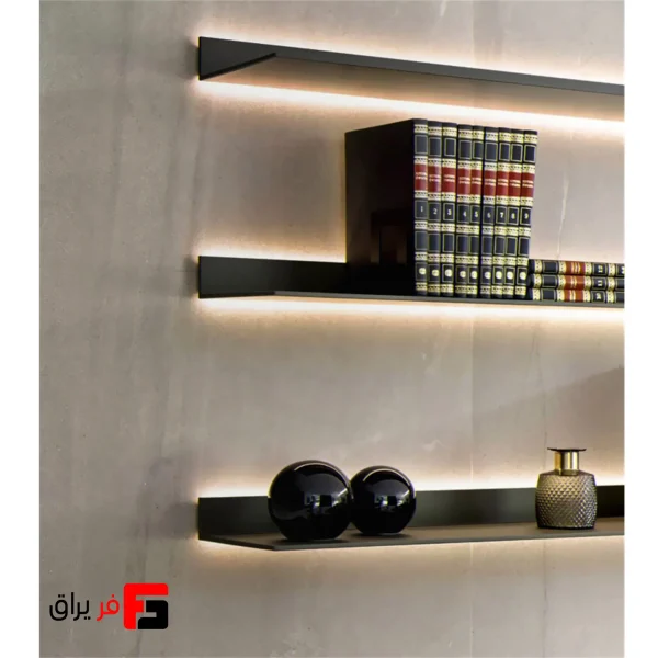 Decorative wall-mounted aluminum shelf profile, L-shaped, matte black color, with lighting capability, 3000mm
