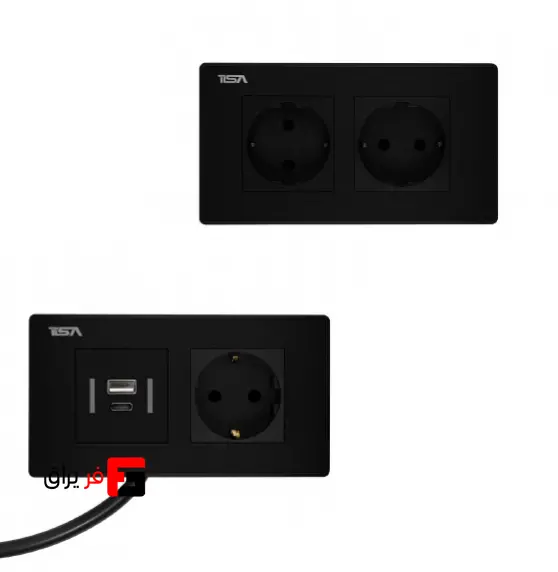 پریز توکار تیسا مشکی دو سوکت برق یا تک سوکت با USB